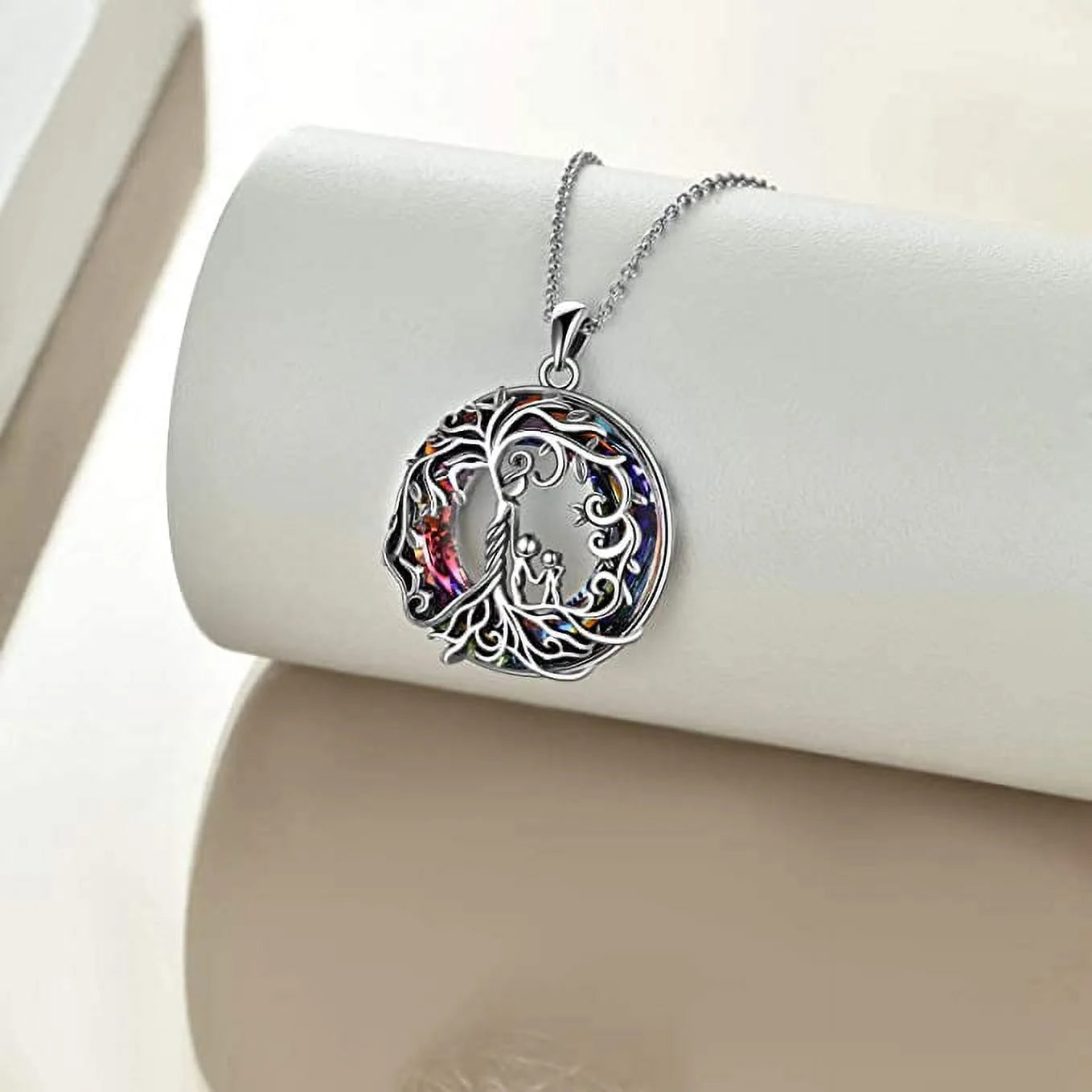 Christmas Gifts for Women Mother and 2 Family Members Sterling Silver Family Tree of Life Pendant Necklace with Purple Crystal Jewelry Mom Christmas Gifts